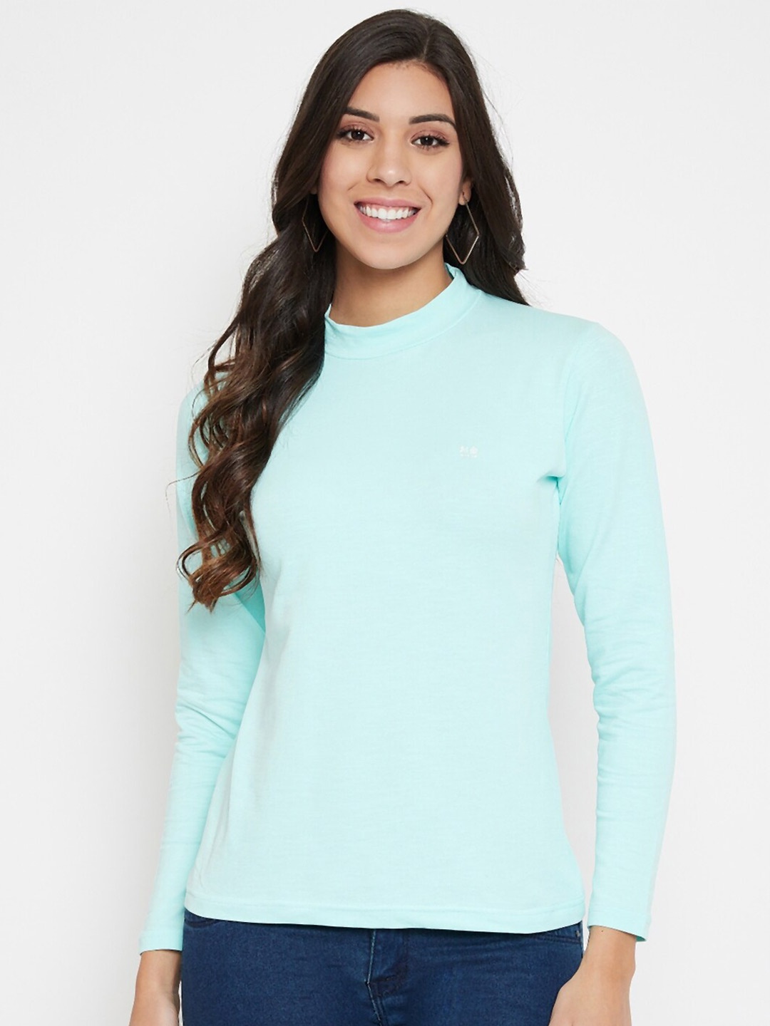 

Okane Women Turquoise Blue Solid High Neck Cotton T-shirt