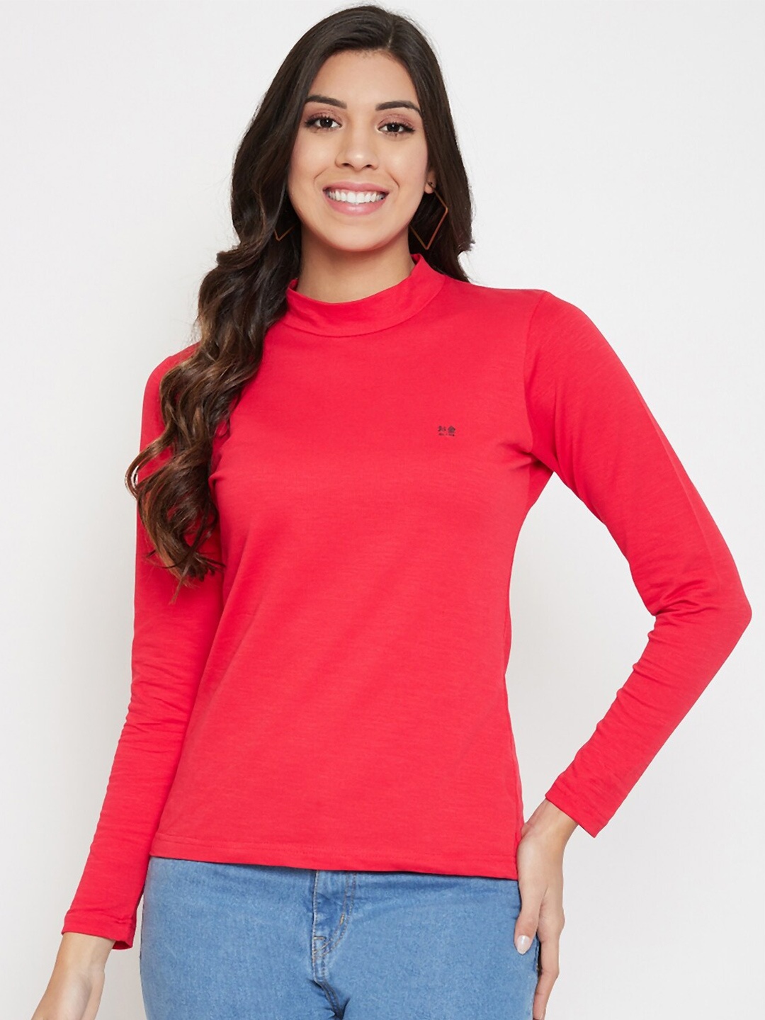 

Okane Women Red High Neck Solid Cotton T-shirt