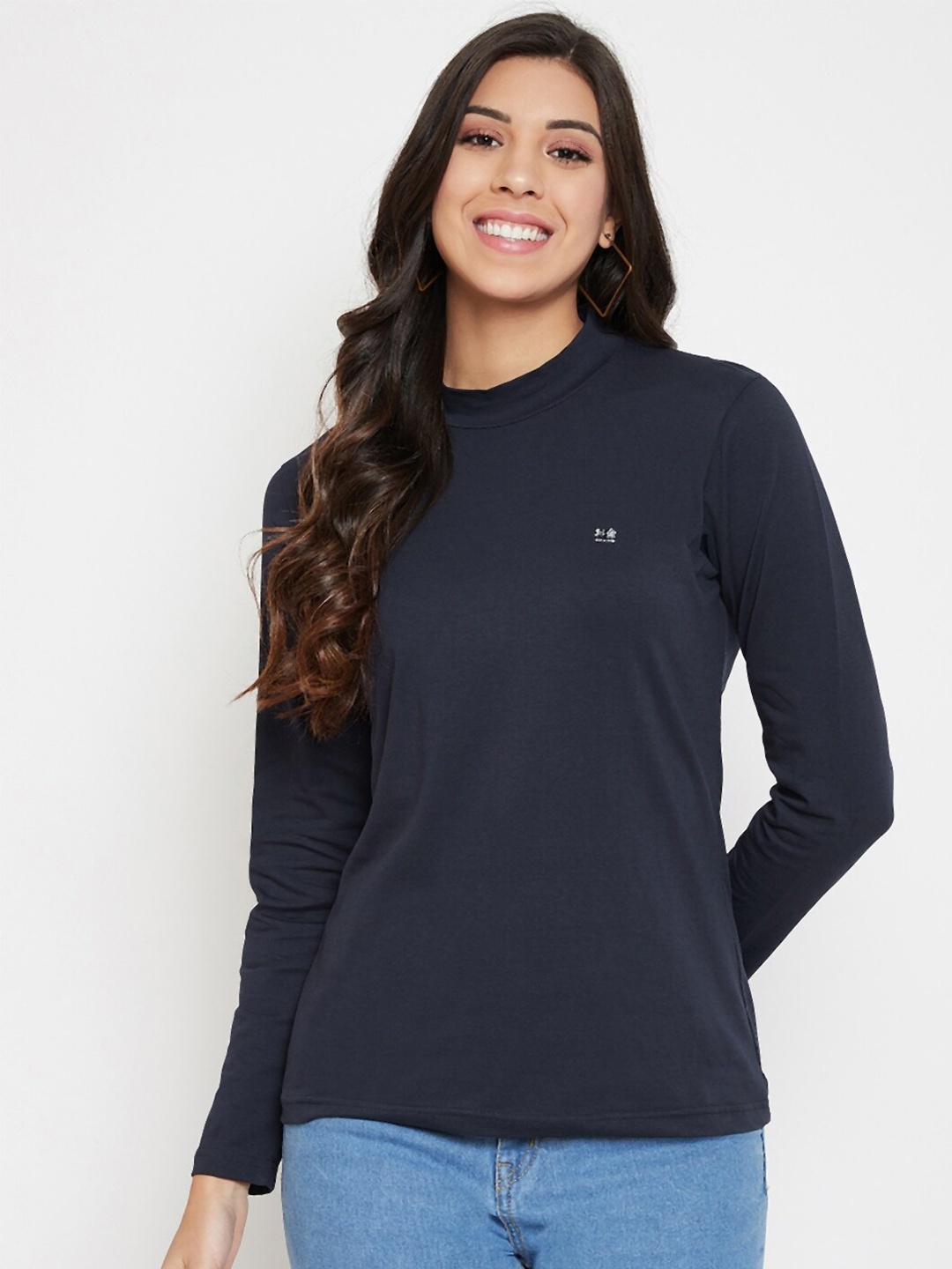 

Okane Women Navy Blue High Neck Solid Cotton T-shirt