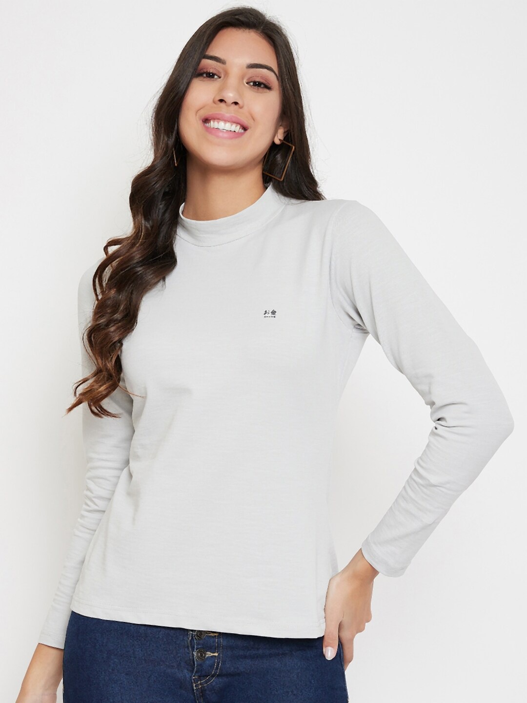 

Okane Women Grey Solid High Neck Cotton T-shirt