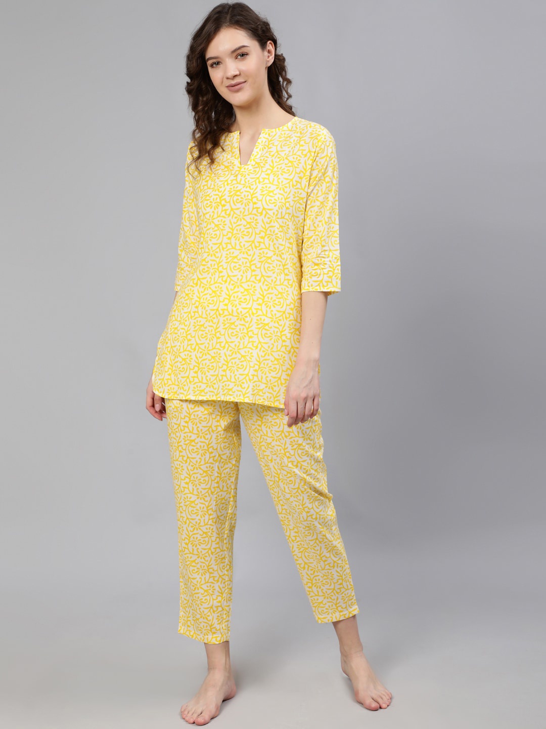 

AASI - HOUSE OF NAYO Women Yellow & White Printed Night suit