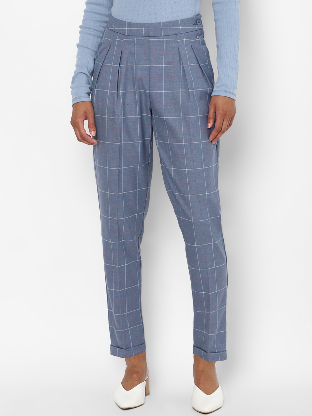 

Allen Solly Woman Blue Checked Pleated Trousers