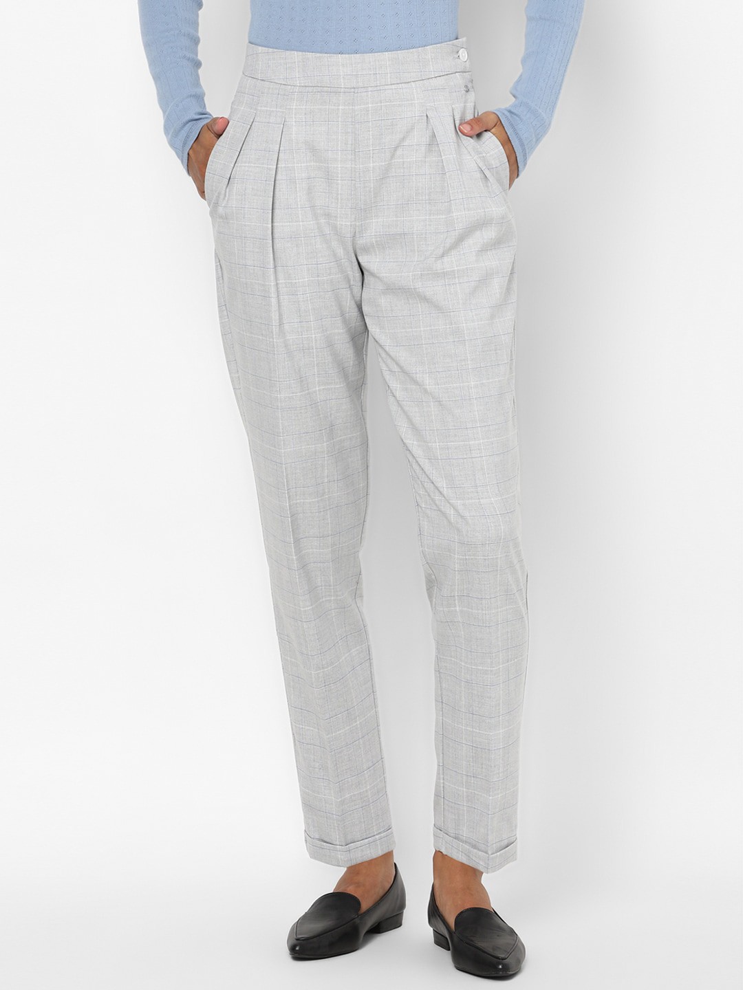 

Allen Solly Woman Women Grey Checked Pleated Trousers