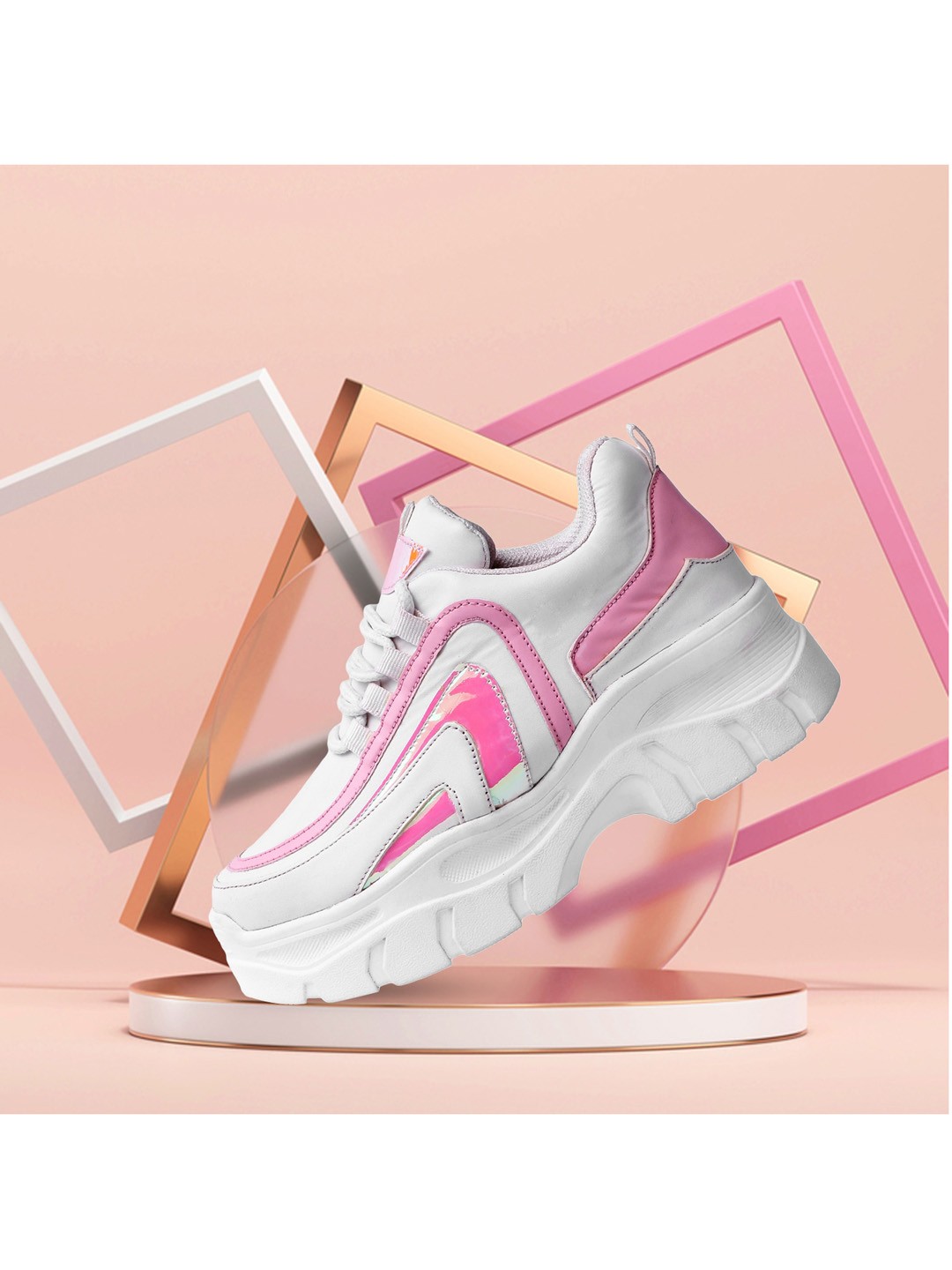 

VENDOZ Women White & Pink Textured Sneakers