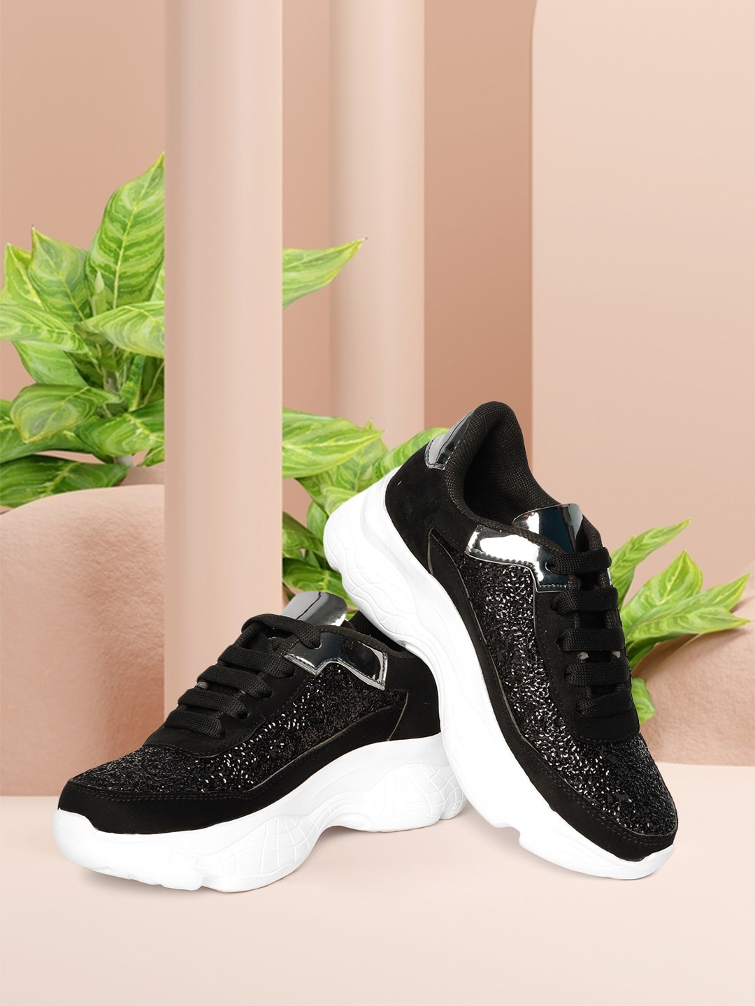 

VENDOZ Women Black Sequinned Textured Sneakers