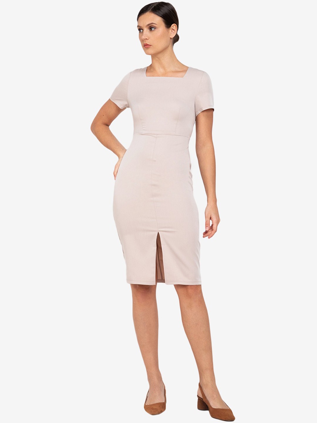 

ZALORA WORK Women Taupe Solid Square Neck Sheath Dress