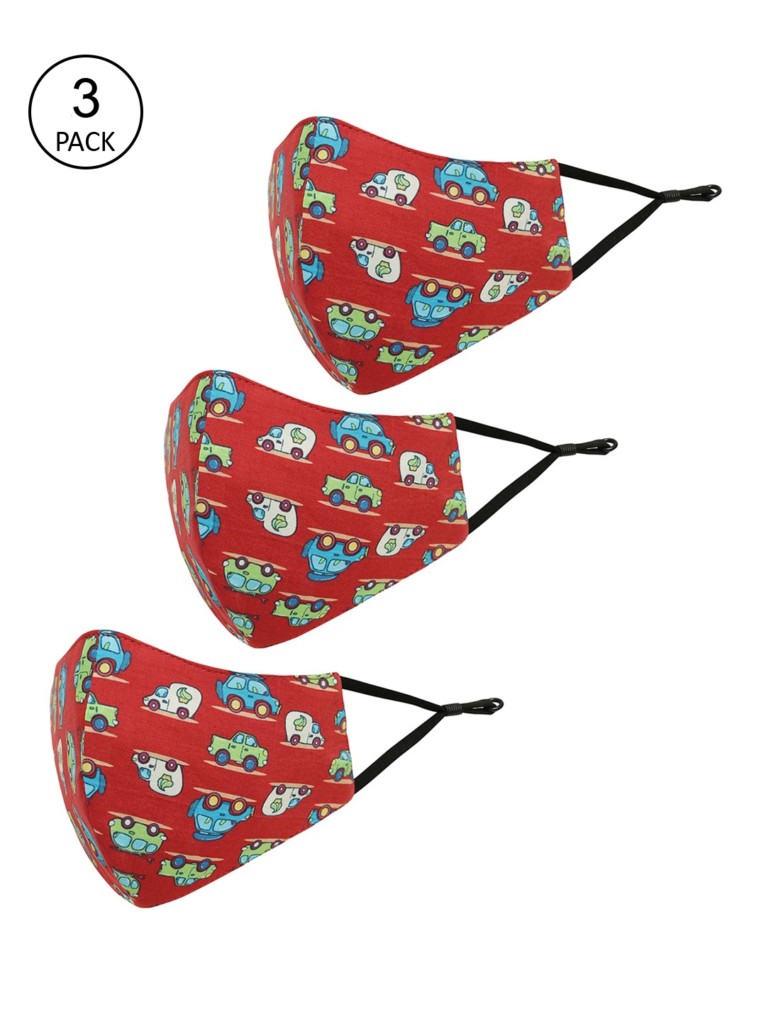 

Tossido Kids Pack Of 3 Printed 3-Ply Reusable Pure Cotton Cloth Mask, Red
