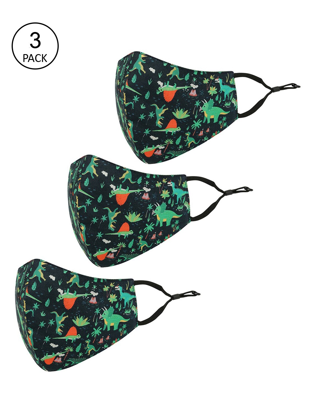 

Tossido Kids Pack Of 3 Printed 3-Ply Reusable Pure Cotton Cloth Mask, Black