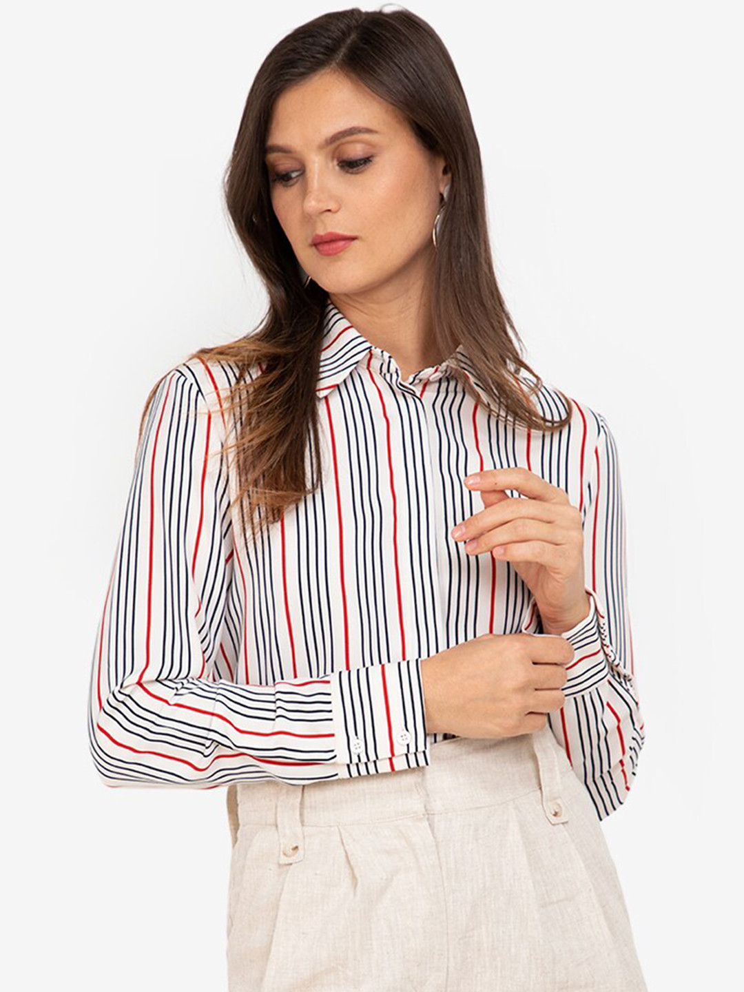 

ZALORA WORK Women Off White & Blue Multi Stripes Striped Formal Shirt