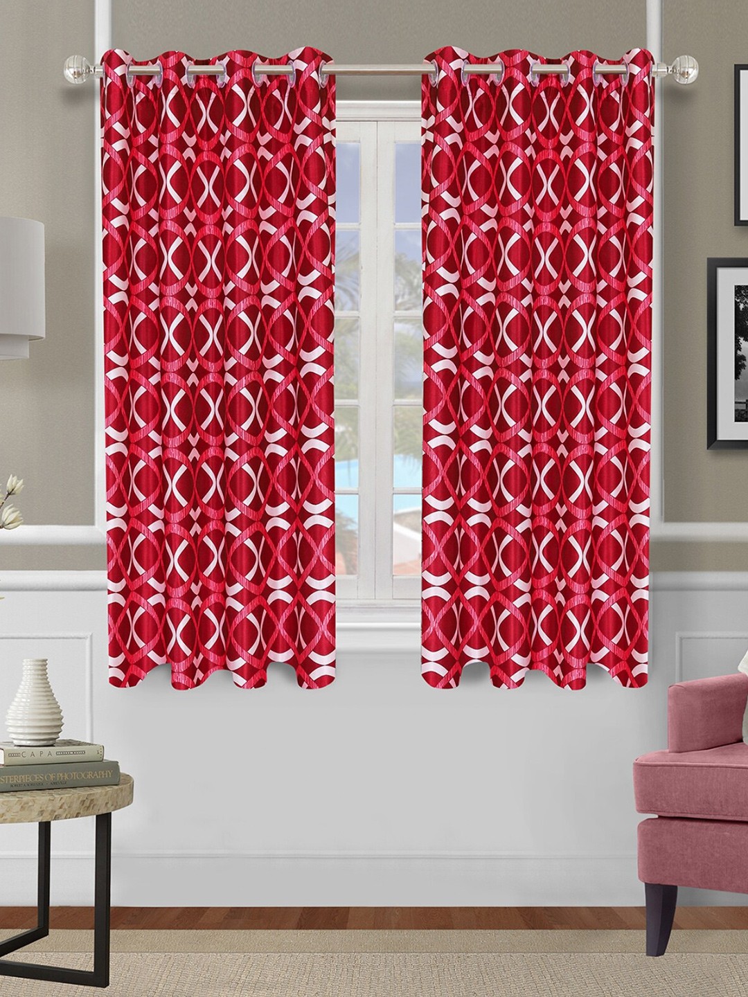

ROMEE Maroon & White Set of 2 Geometric Room Darkening Window Curtains