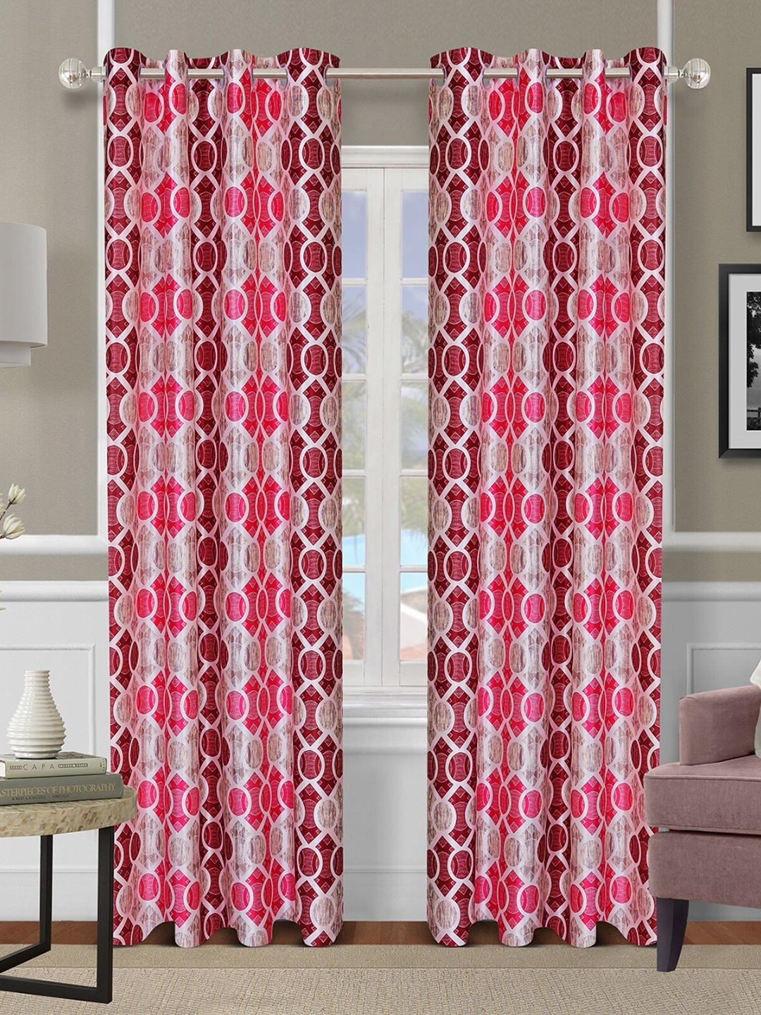 

ROMEE Pink & Beige Set of 2 Geometric Room Darkening Door Curtain