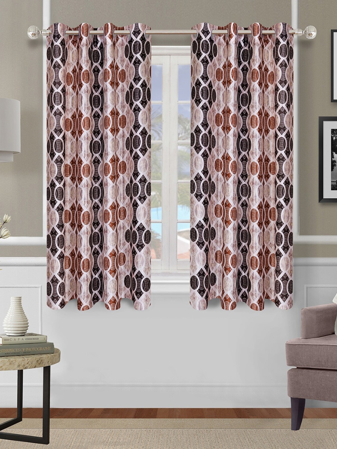 

ROMEE Brown Set of 2 Geometric Room Darkening Window Curtain