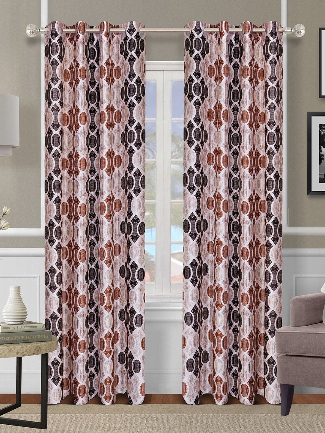 

ROMEE Brown Set of 2 Geometric Print Room Darkening Long Door Curtains