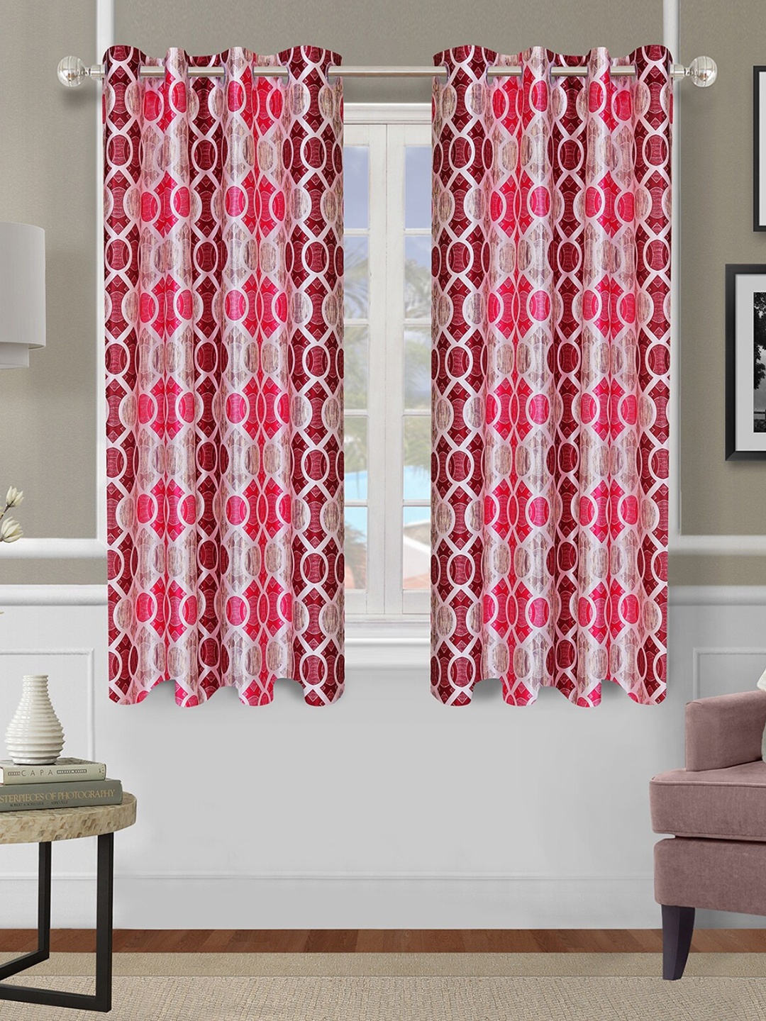 

ROMEE Pack Of 2 Pink & Beige Printed Room Darkening Window Curtains