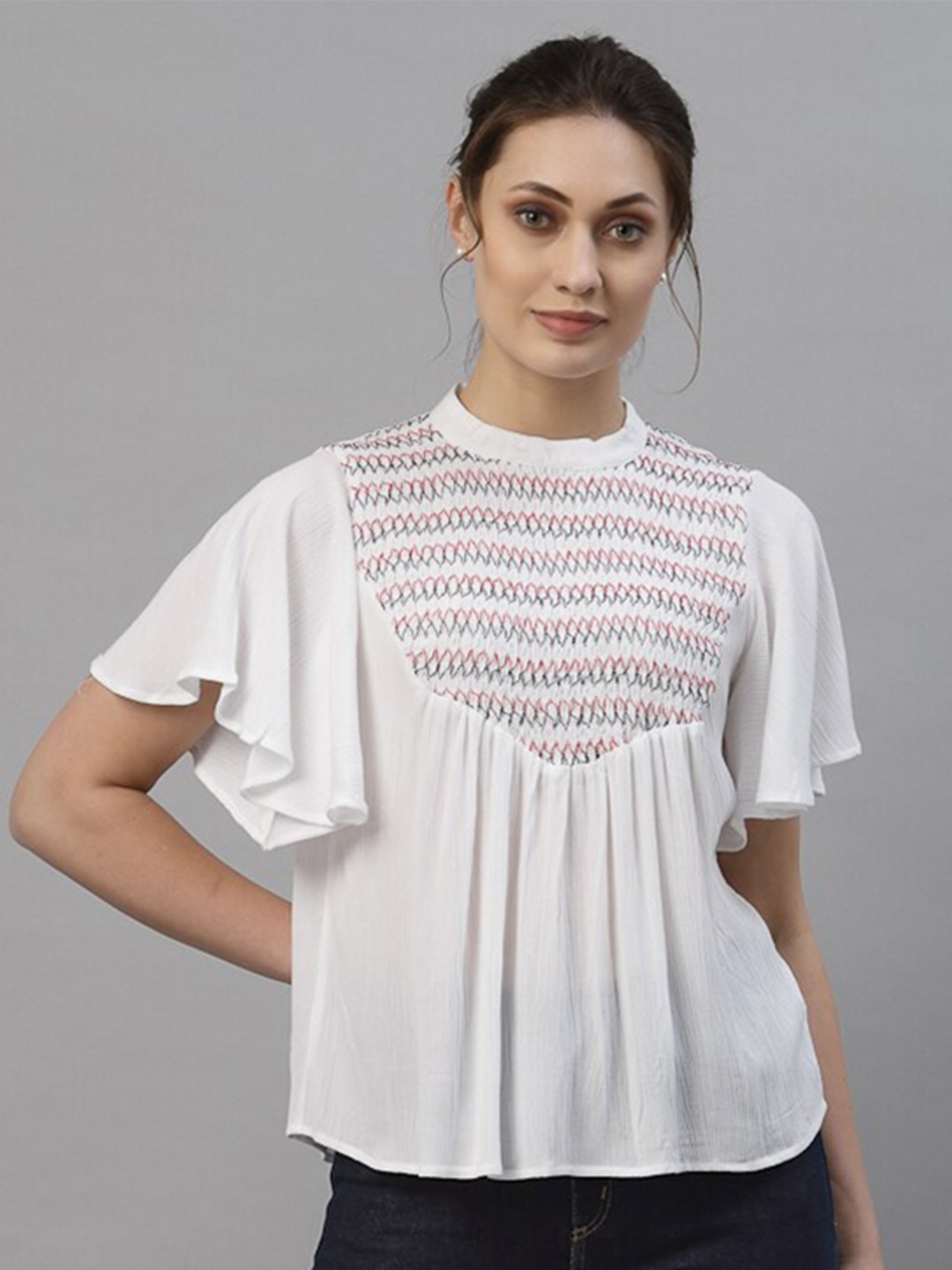 

Style Quotient White Smocked High Neck Top