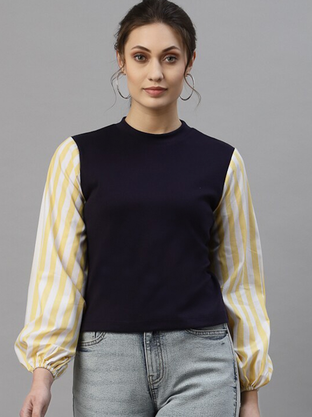 

Style Quotient Navy Blue Striped Pure Cotton Top
