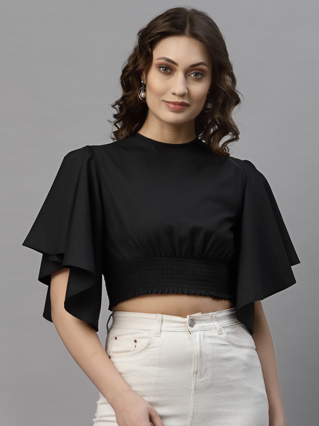 

Style Quotient Black Smocked Flared Sleeves Crop Top