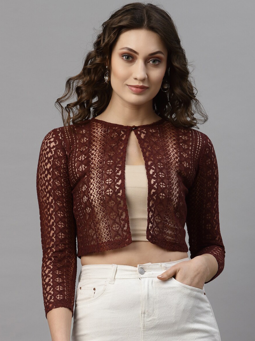 

Style Quotient Women Maroon Self Design Shrug