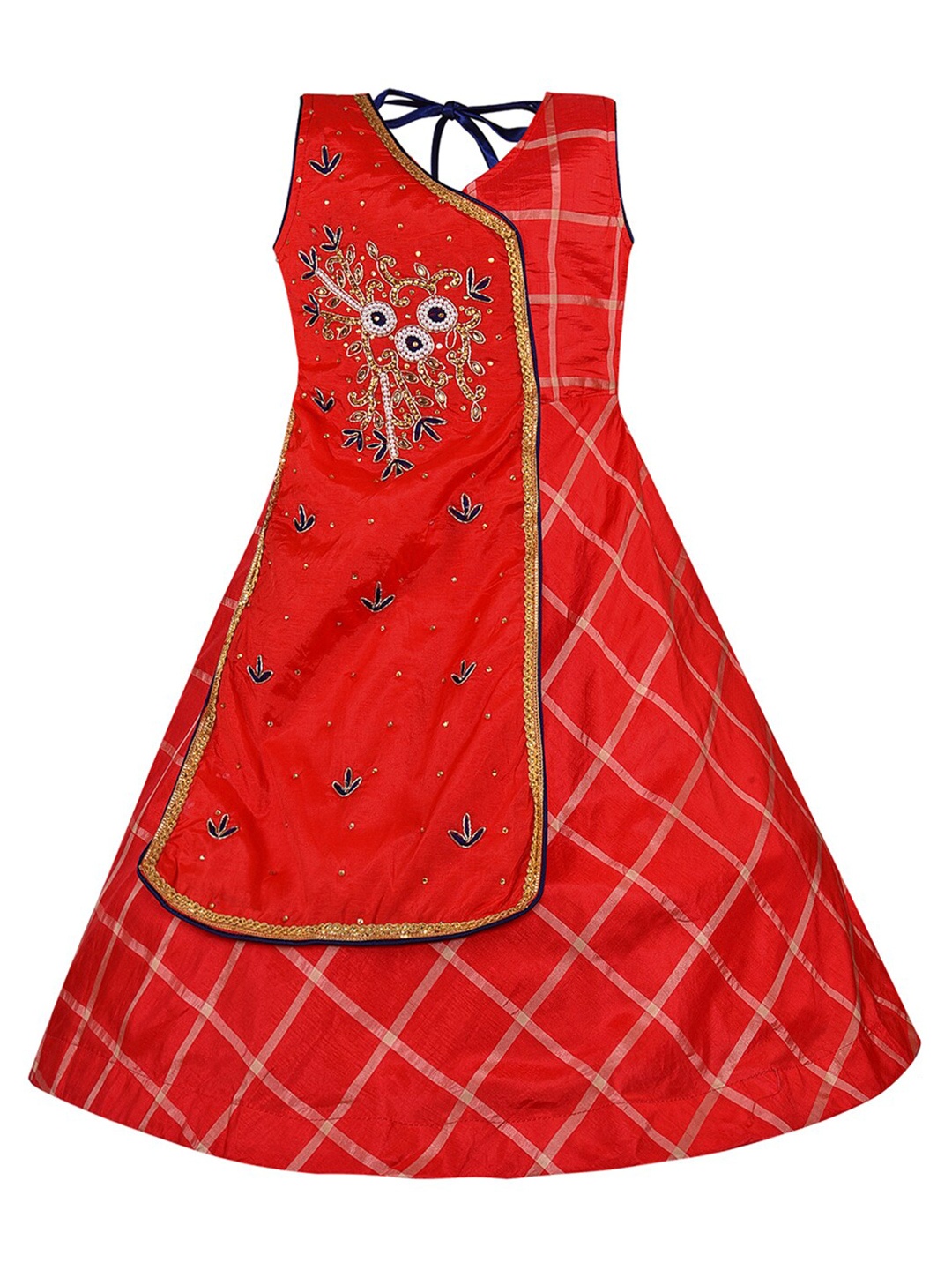 

Wish Karo Red Checked Silk Satin Ethnic A-Line Dress With Embellished Detail