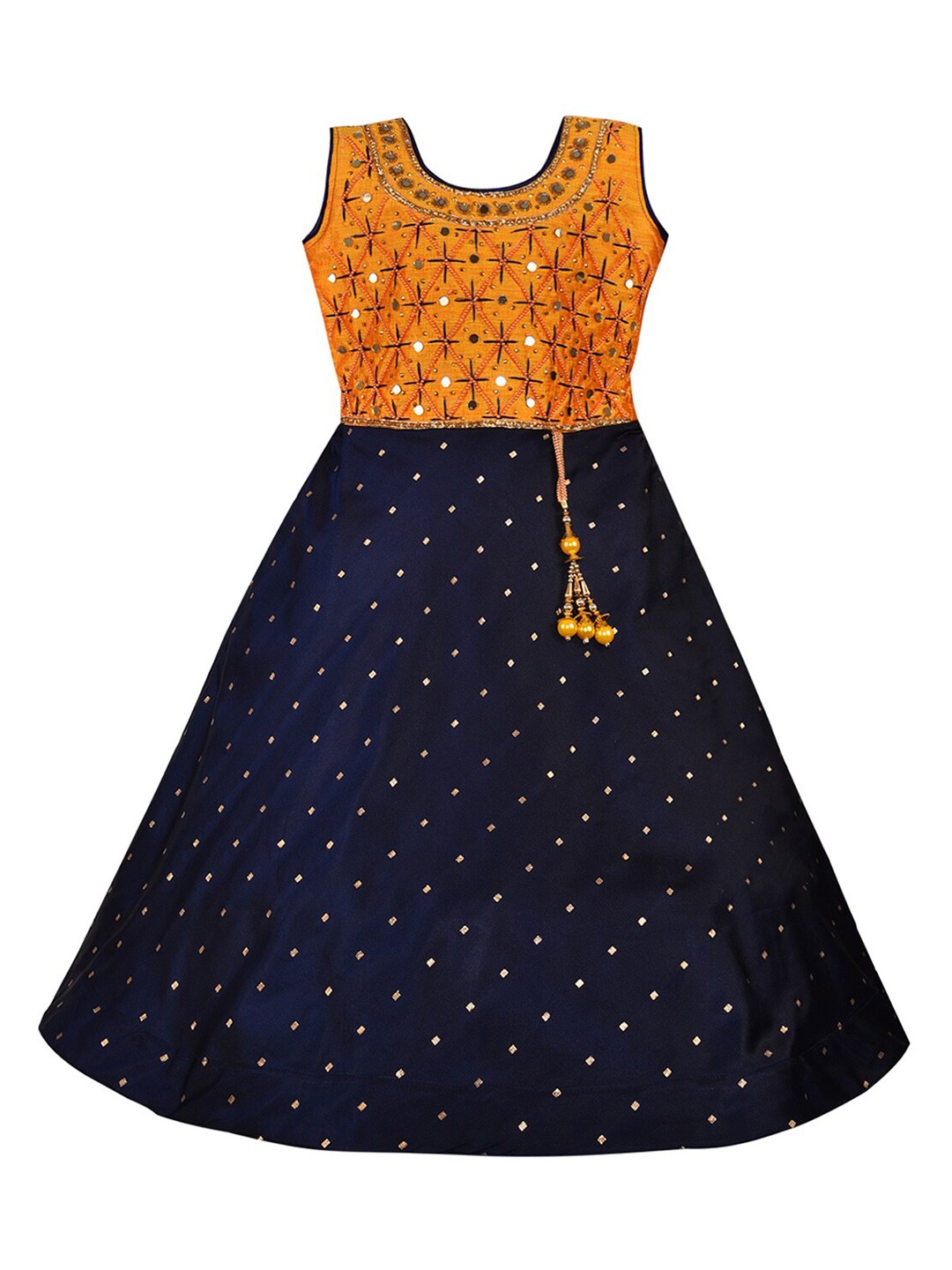 

Wish Karo Girl Navy Blue & Yellow Embellished Satin Maxi Gown Dress