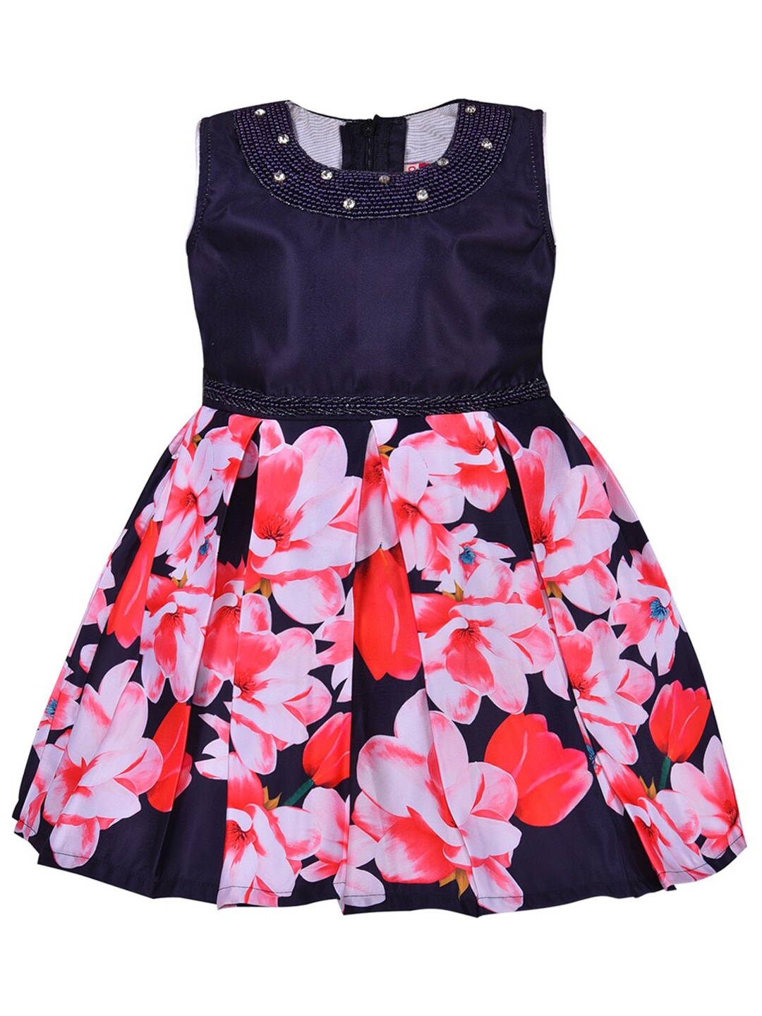 

Wish Karo Navy Blue & Pink Floral Satin Dress