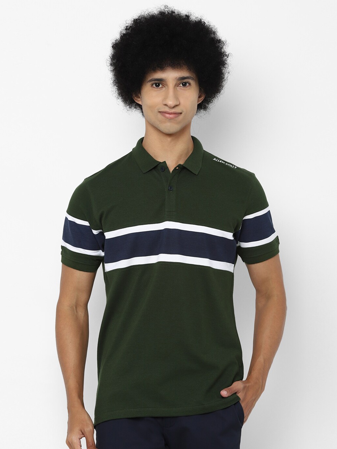 

Allen Solly Men Olive Green & White Striped Polo Collar T-shirt
