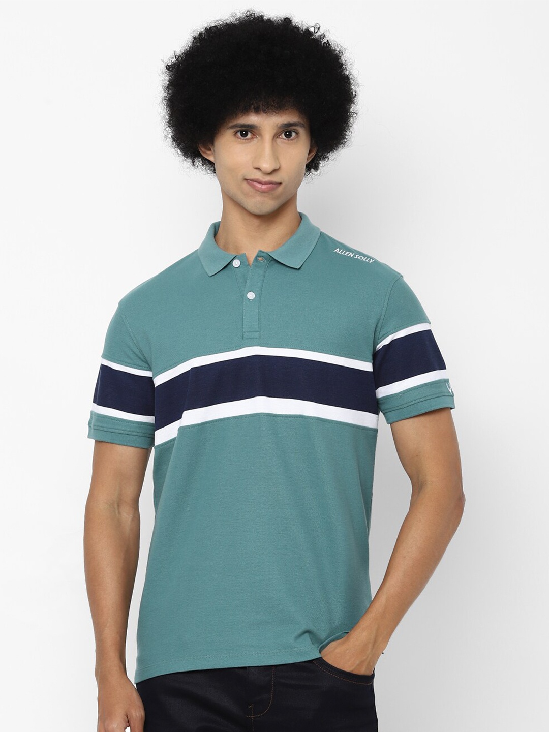 

Allen Solly Men Blue & Navy Blue Striped Polo Collar T-shirt