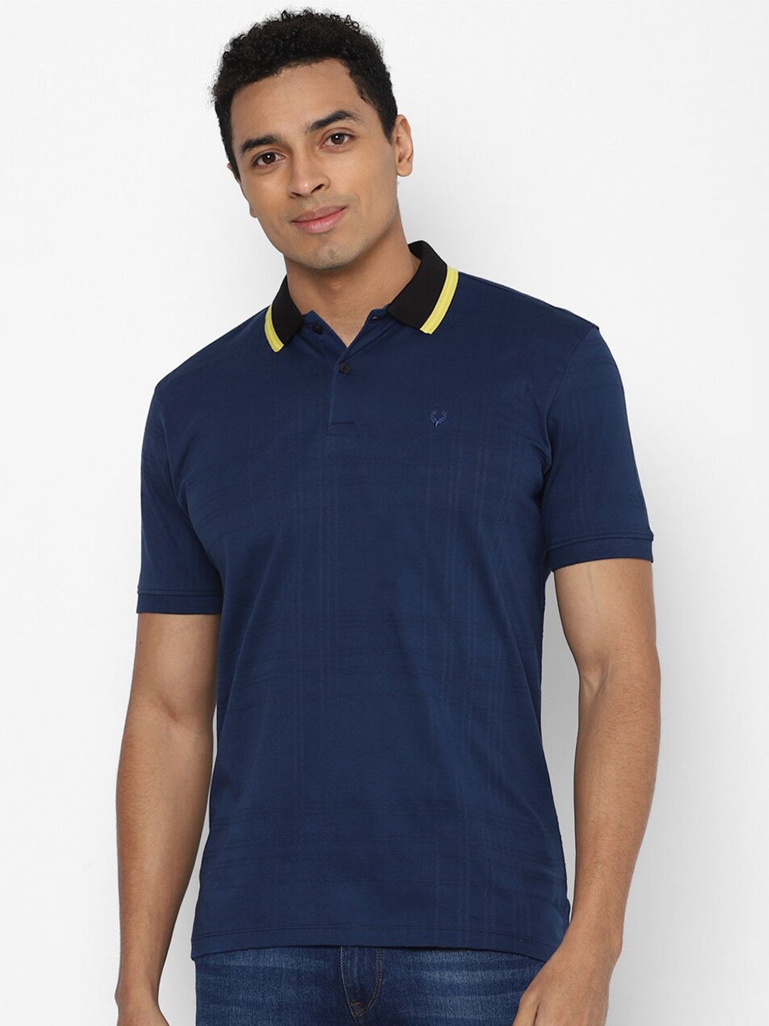 

Allen Solly Men Navy Blue Checked Polo Collar Pure Cotton T-shirt