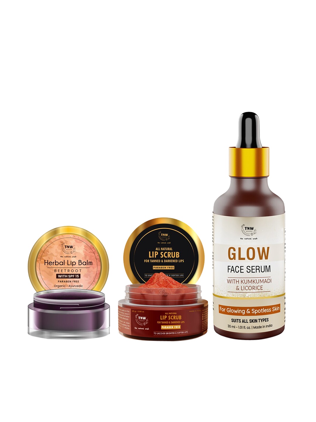 

TNW the natural wash Set Of 3 Off White Beetroot Lip Balm 5gm & Lip Scrub 25g & Glow Face Serum 30ml