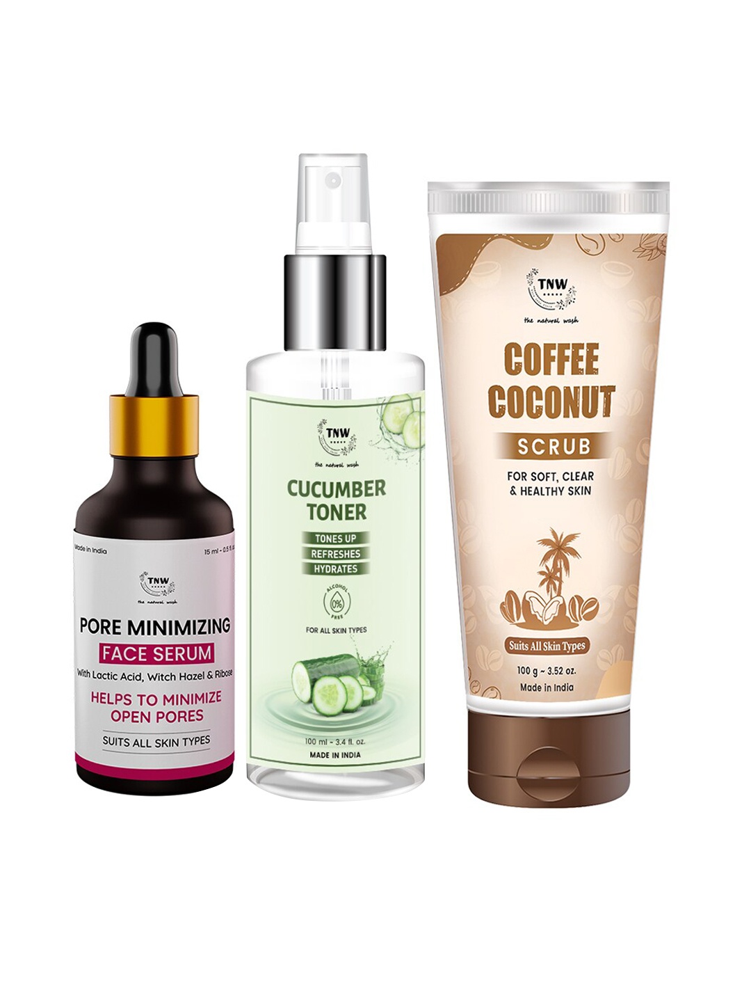 

TNW the natural wash Set of Pore Minimizing Face Serum-Cucumber Toner-Coffee Coconut Scrub, Off white