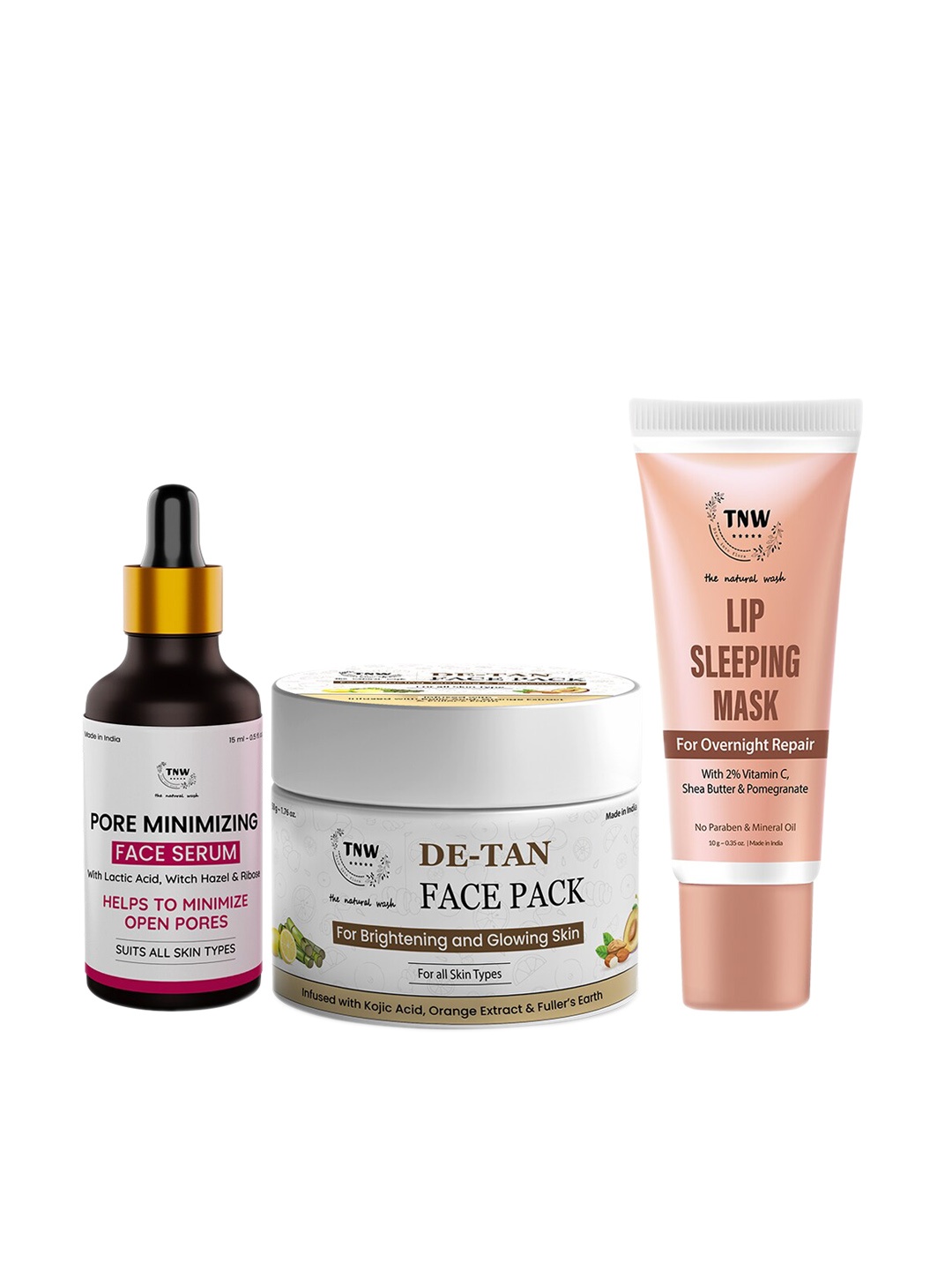 

TNW the natural wash Set of 3 Pore-Minimizing Face Serum 15 ml, De-Tan Face Pack 50 gm & Lip Sleeping Mask 10 g, Off white