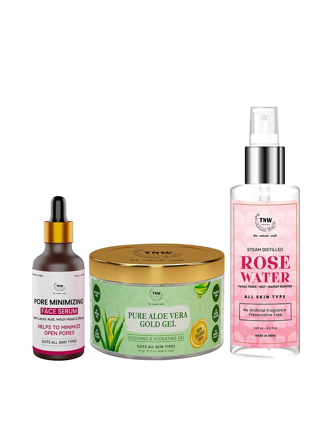 

TNW the natural wash Set of Pore Minimizing Face Serum-Aloe Vera Gold Gel-Rose Water, Off white