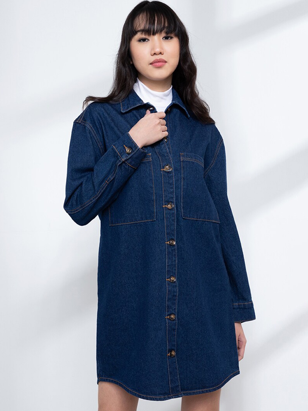 

ORIGIN BY ZALORA Blue Pure Cotton Oversized Shirt Mini Dress