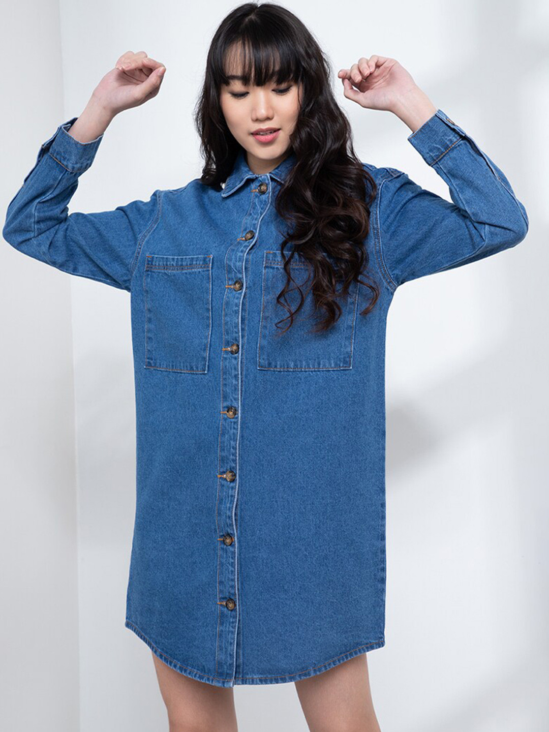 

ZALORA WORK Women Blue Organic Cotton Denim Oversized Shirt Dress