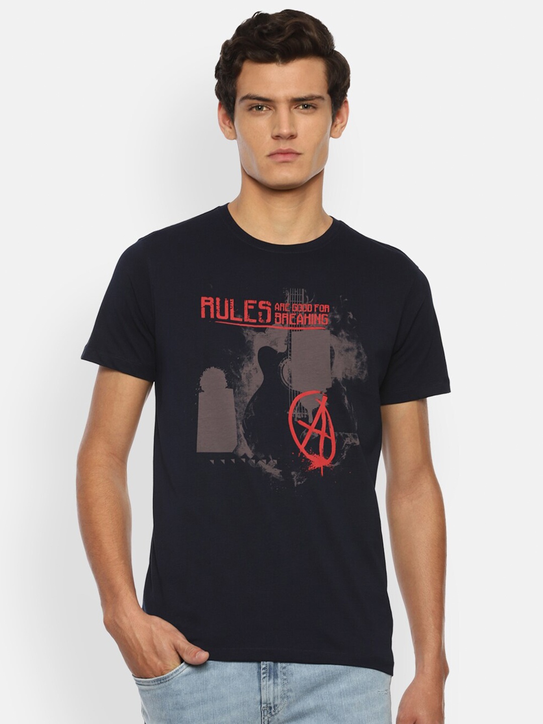 

Louis Philippe Jeans Men Navy Blue Graphic Printed Slim Fit Cotton T-shirt