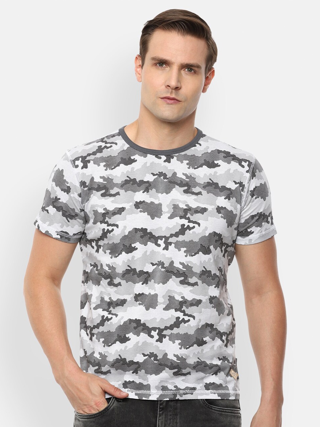

Louis Philippe Jeans Men Grey Camouflage Printed Slim Fit Cotton T-shirt