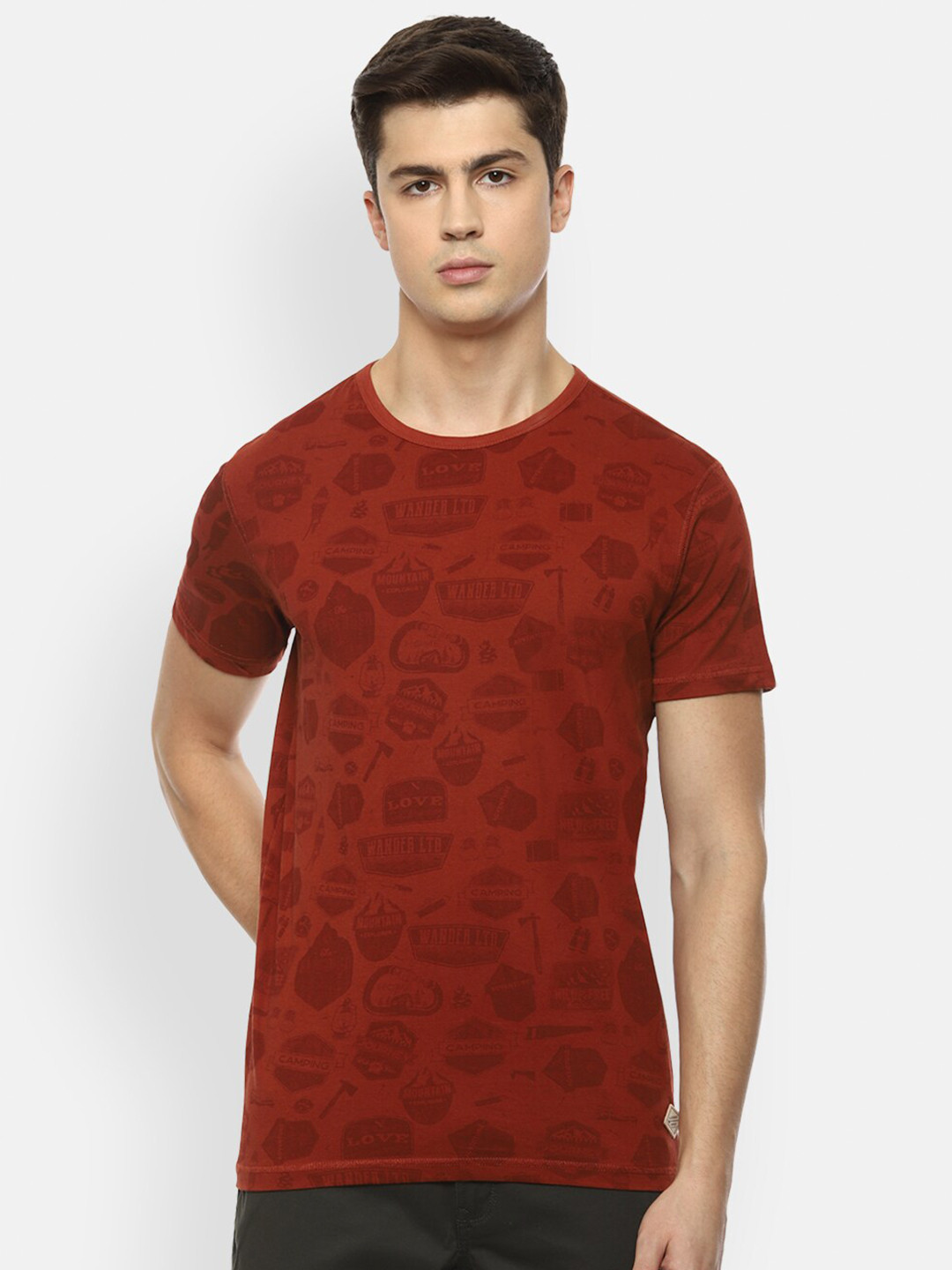 

Louis Philippe Jeans Men Maroon Printed Slim Fit Pure Cotton T-shirt