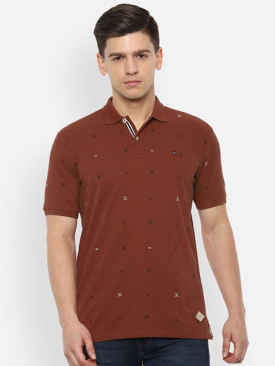 

Louis Philippe Jeans Men Brown & White Printed Polo Collar Slim Fit Pure Cotton T-shirt