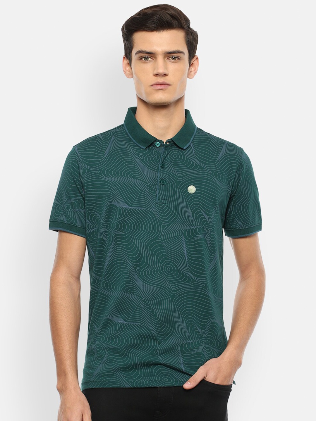 

V Dot Men Green Printed Polo Collar Slim Fit T-shirt