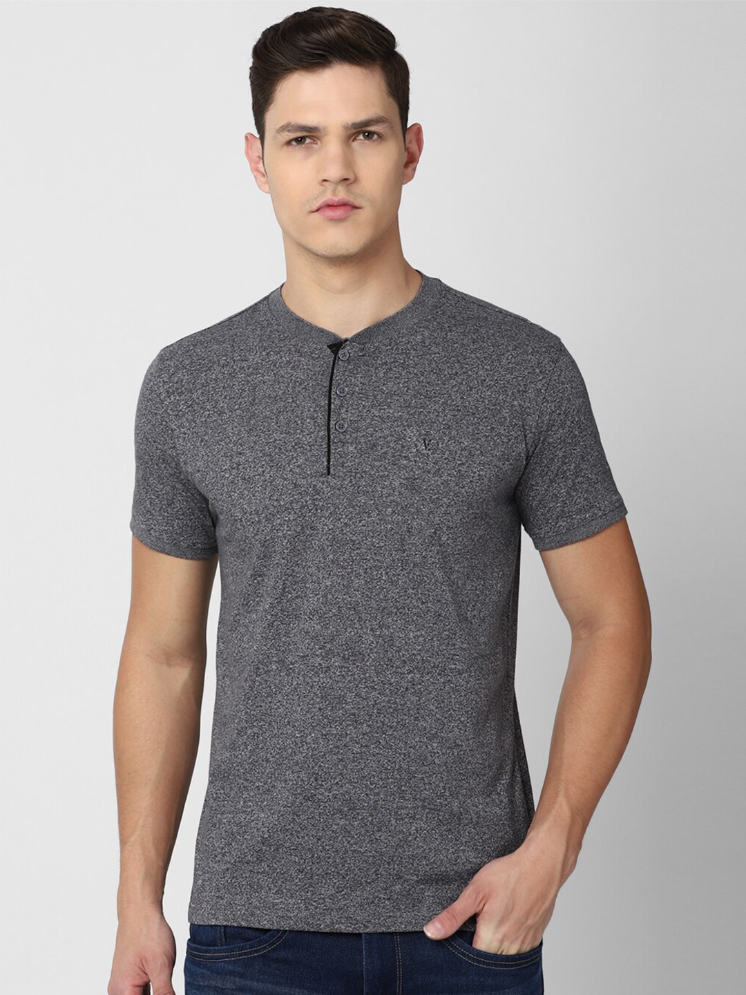

V Dot Men Grey Henley Neck Slim Fit T-shirt