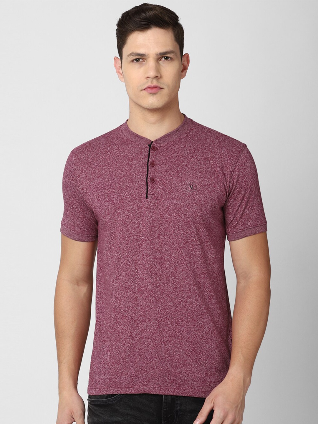 

V Dot Men Burgundy Henley Neck Slim Fit T-shirt