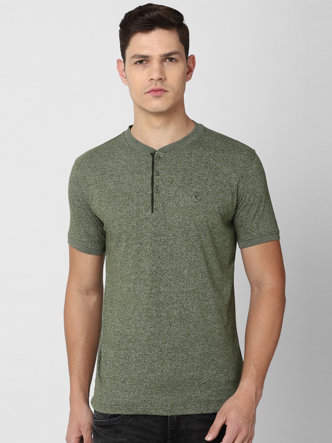 

V Dot Men Olive Green Henley Neck Slim Fit T-shirt