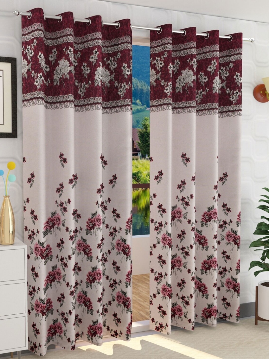 

Fresh From Loom Maroon & Grey Set of 2 Floral Room Darkening Long Door Curtains