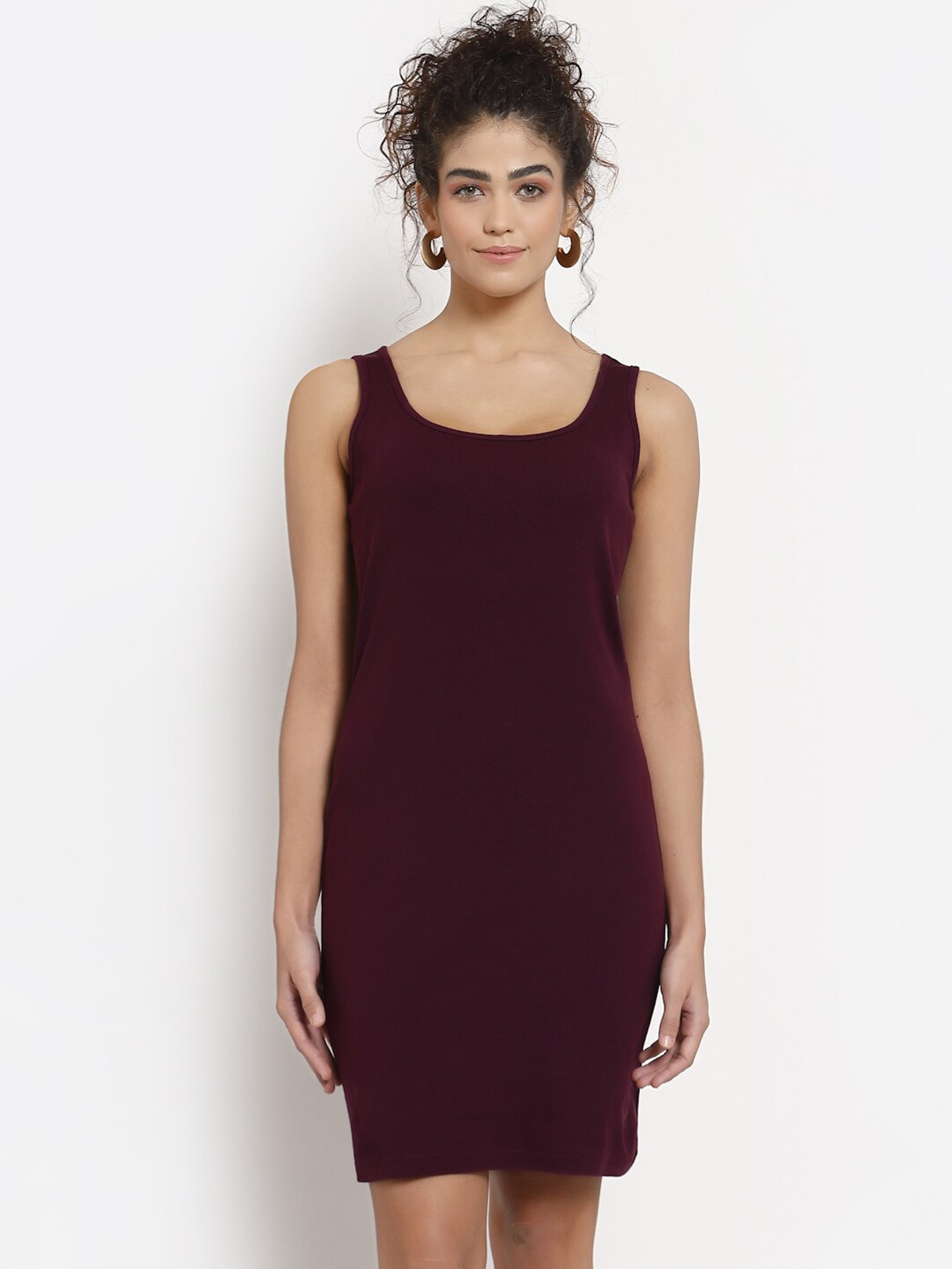 

YOONOY Women Burgundy Solid Organic Cotton Bodycon Dress