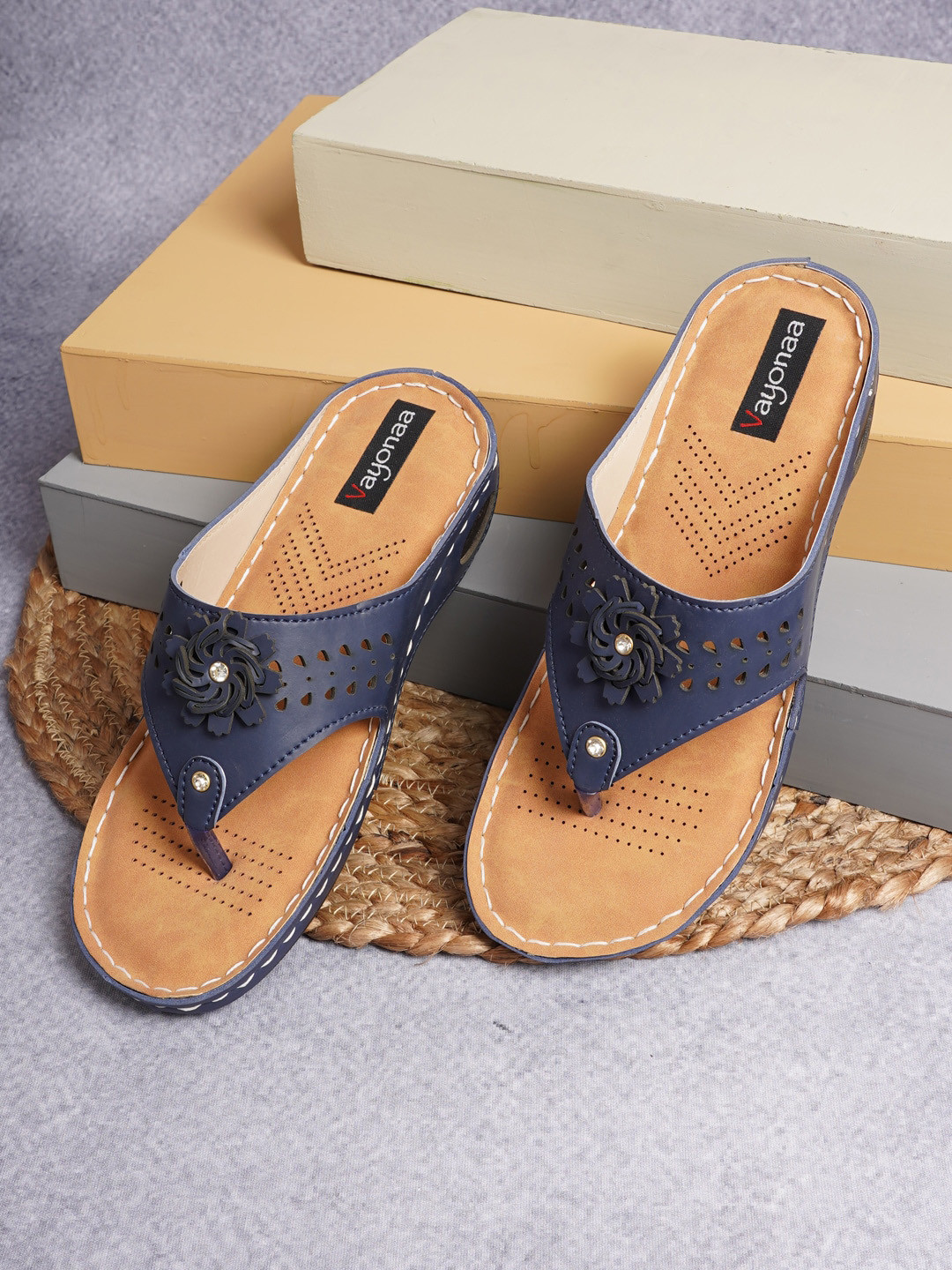 

VAYONAA Blue & Tan Embellished PU Comfort Sandals with Laser Cuts