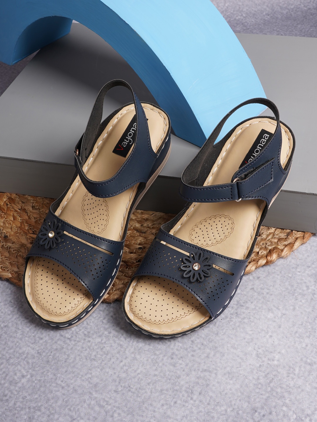 

VAYONAA Women Black & Tan Embellished PU Comfort Sandals