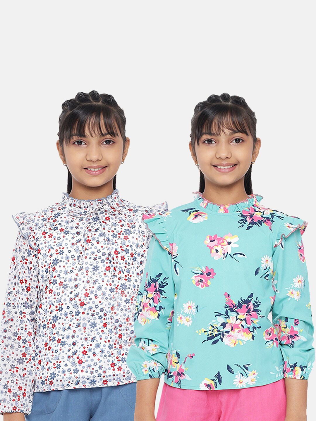 

luyk Girls Pack of 2 Floral Printed Ruffled Tops, White