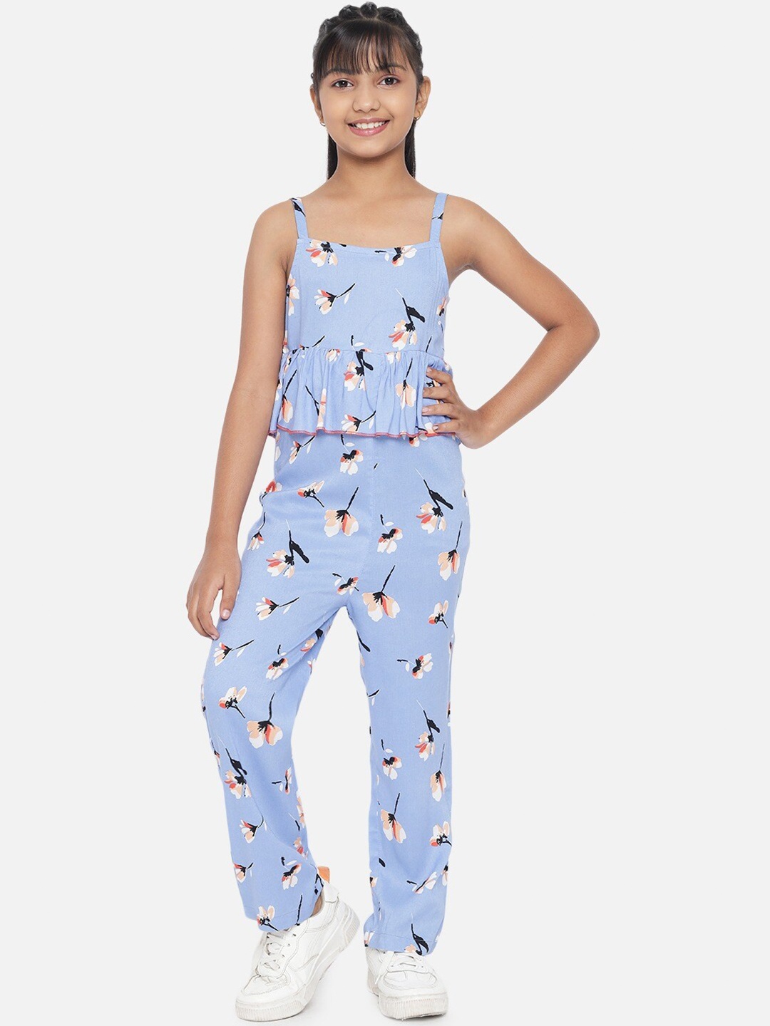 

luyk Girls Blue & White Printed Sleeveless Peplum Basic Jumpsuit