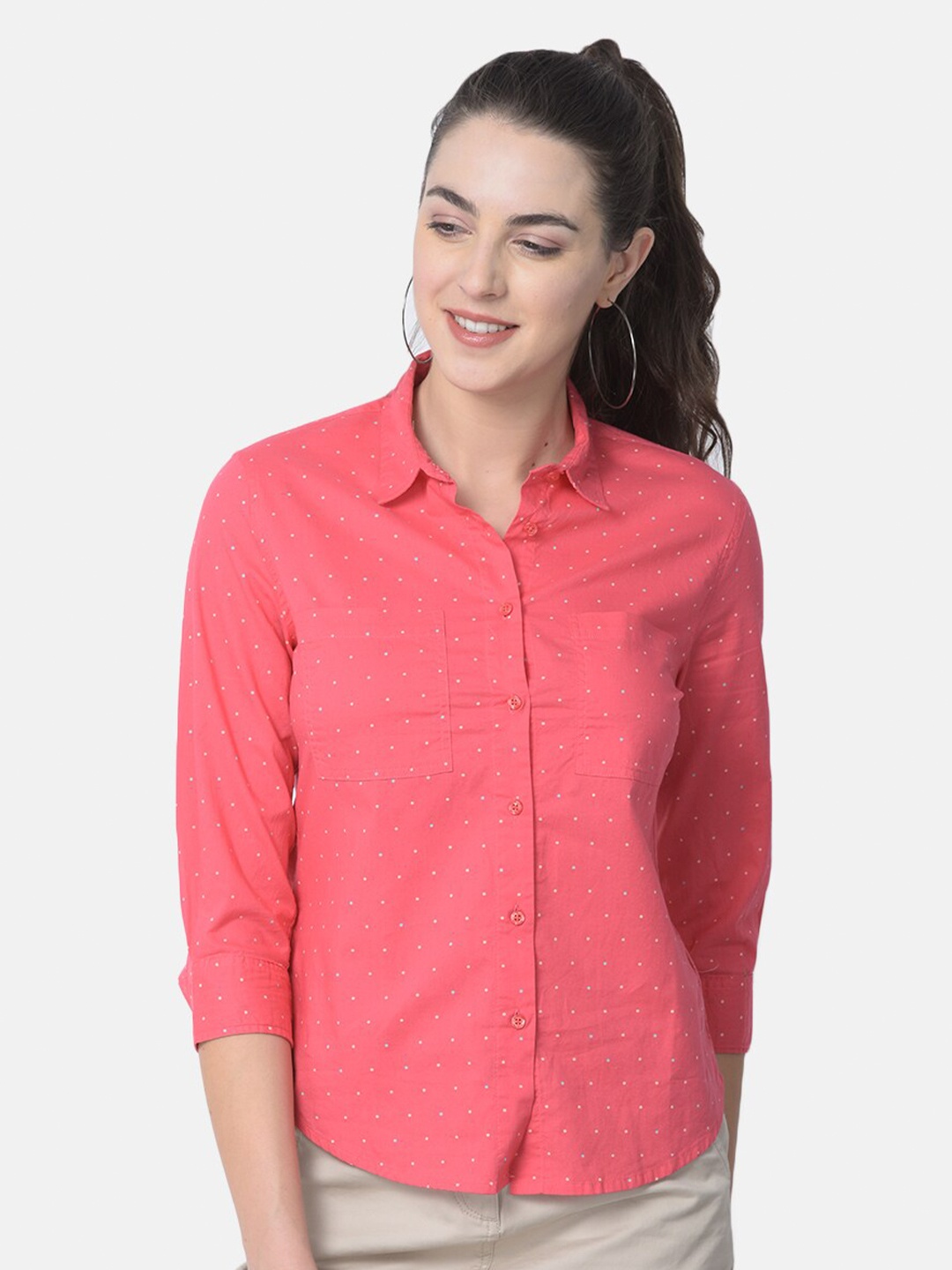 

Woodland Women Coral & White Printed Cotton Casual Shirt