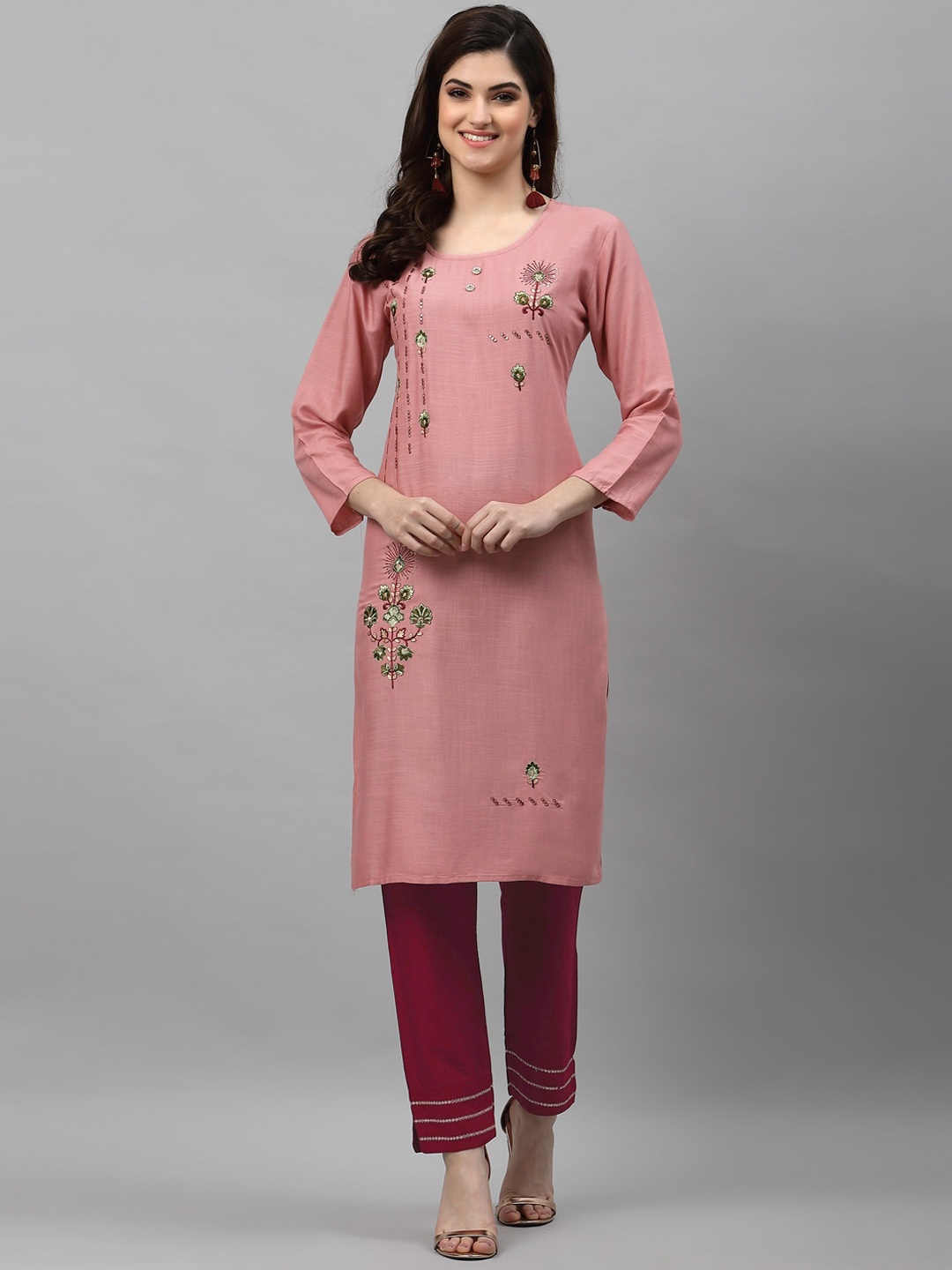 

KALINI Women Pink & Maroon Floral Embroidered Kurta With Trousers